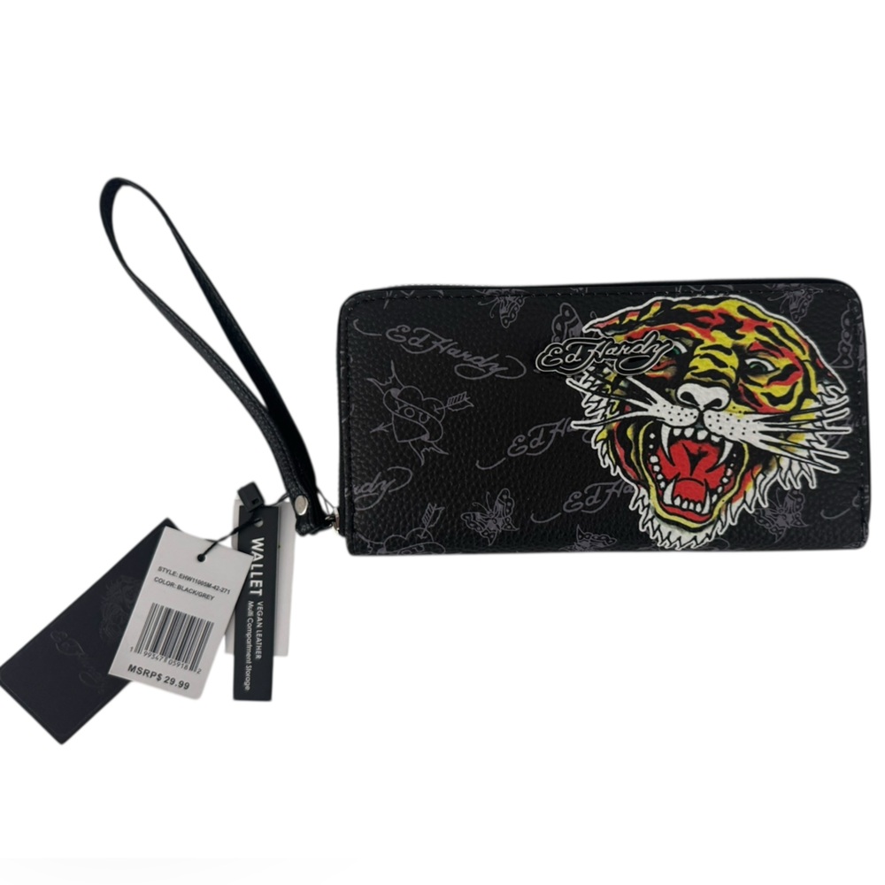 Ed Hardy Black and Gray Wristlet Wallet